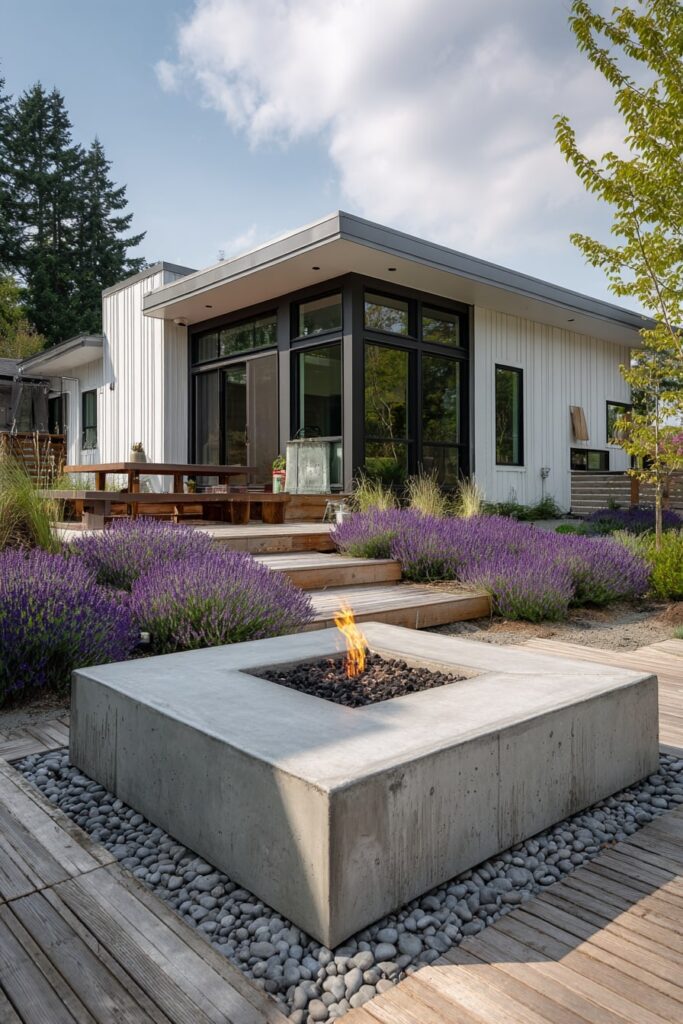 10. Sleek Concrete Fire Pit with Lavender Views