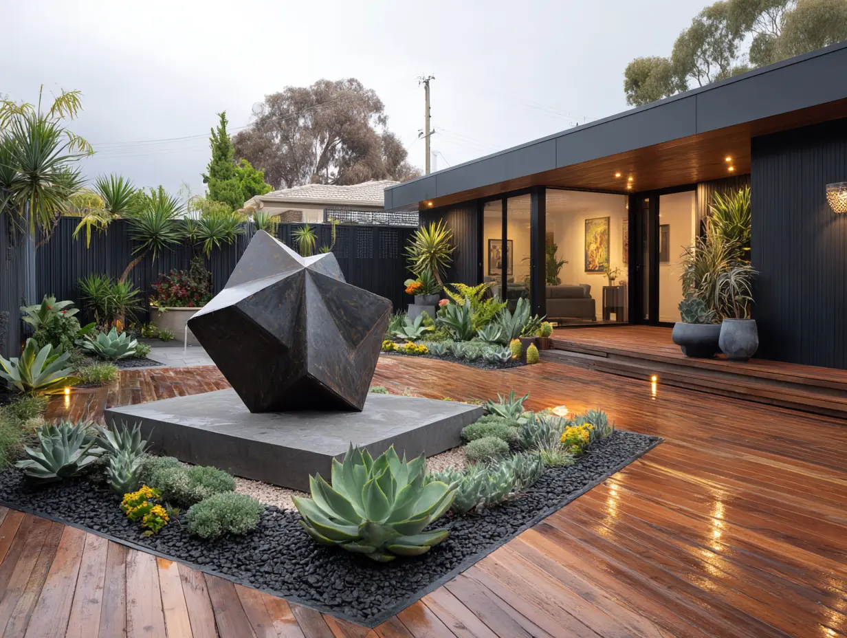 Modern Corner Garden with Striking Sculpture