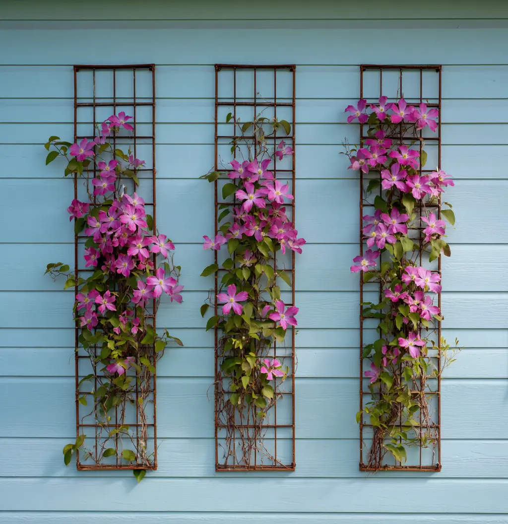 Vertical Trellis Trio with Clematis Blooms