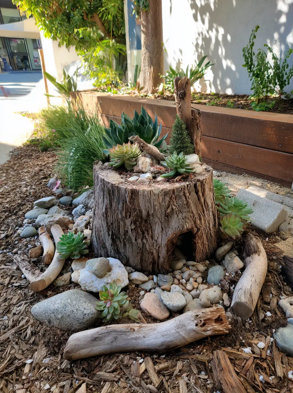 Rustic Wood Log Planter with Succulents