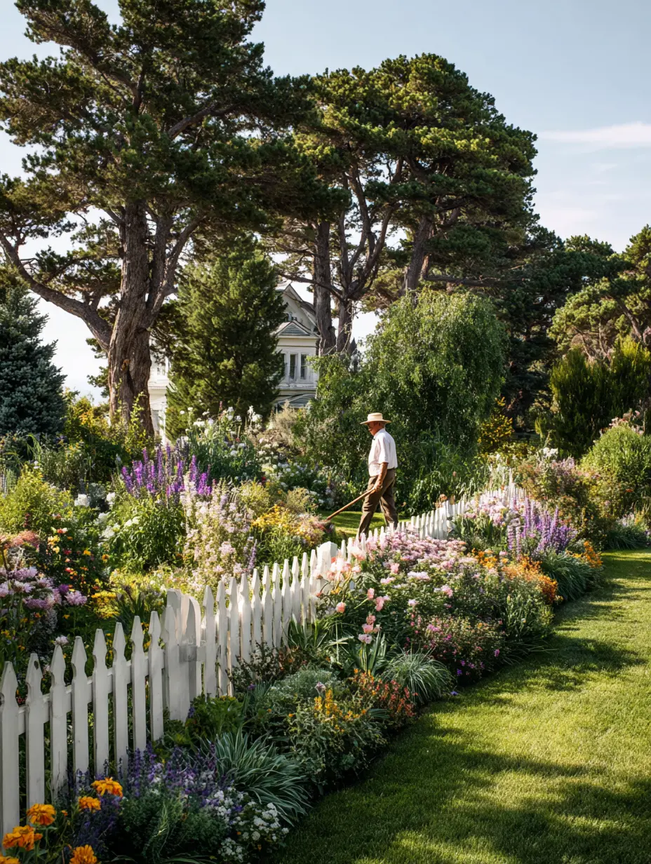 White Picket Fence with Lush Cottage Blooms
