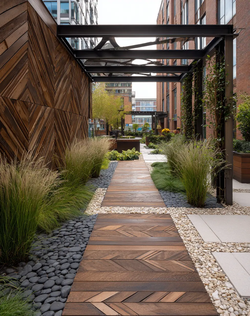 Geometric Wood and Stone Pathway