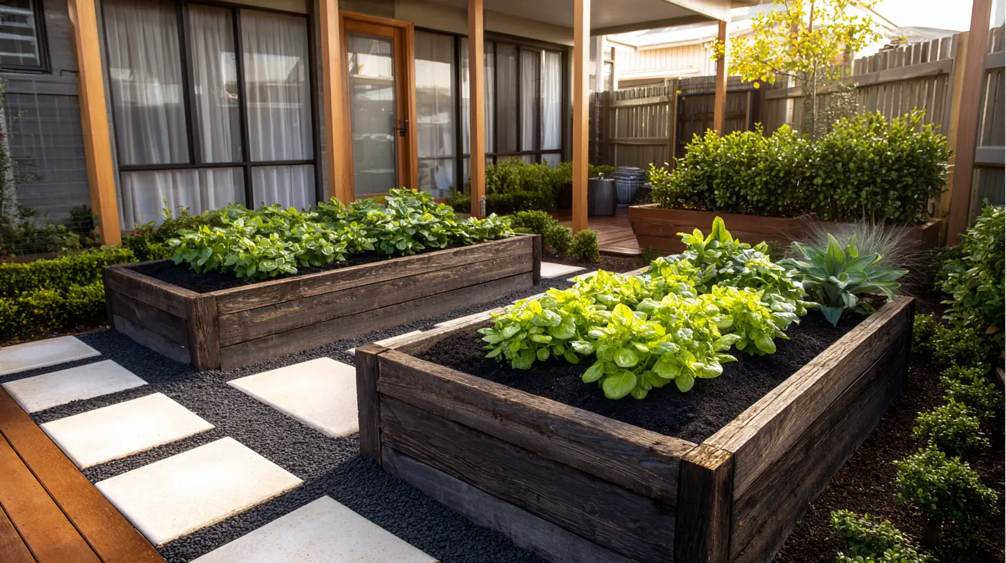 Neat Corner Garden with Raised Wooden Beds