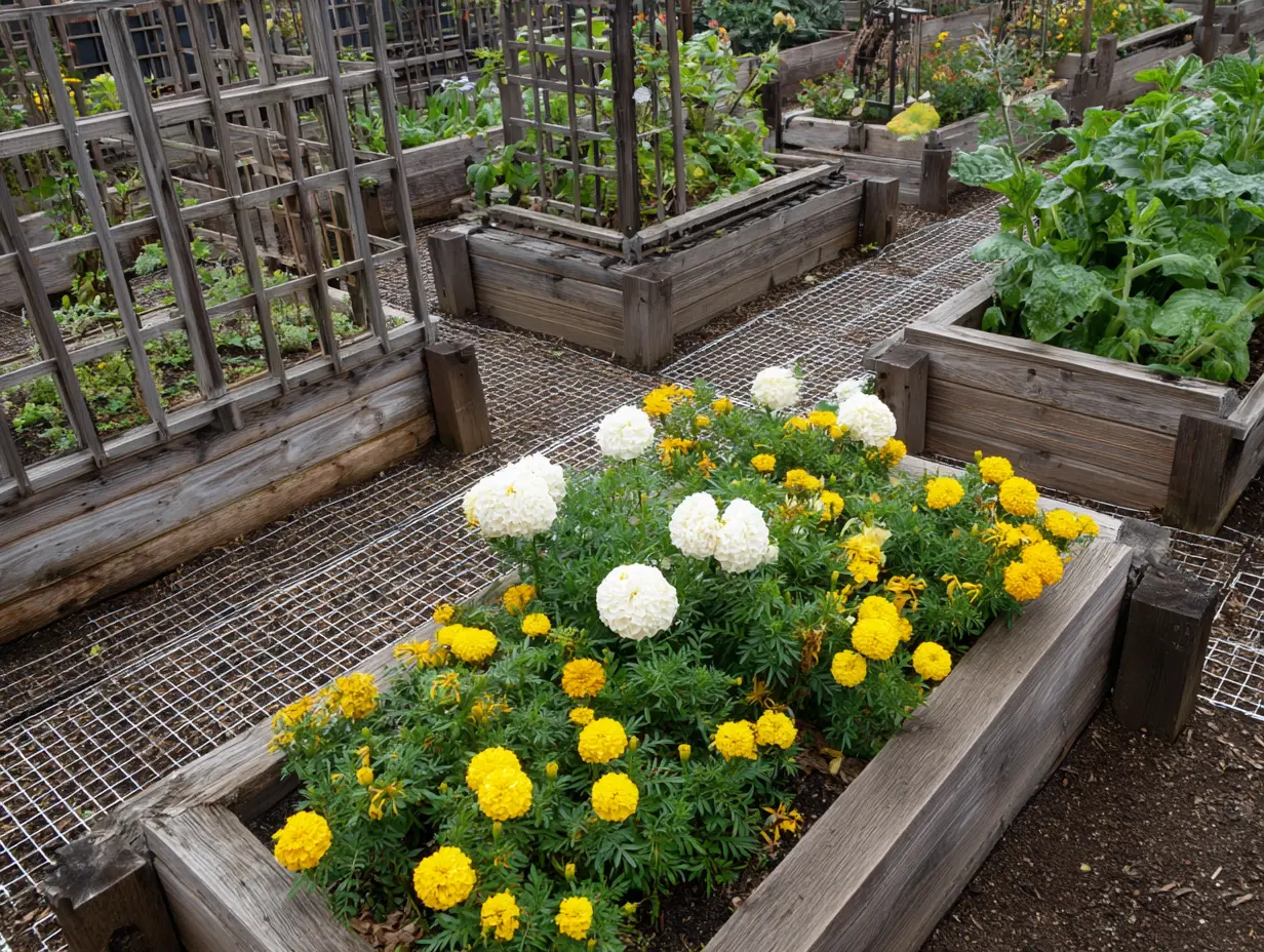 Raised Garden Beds with Vibrant Marigolds