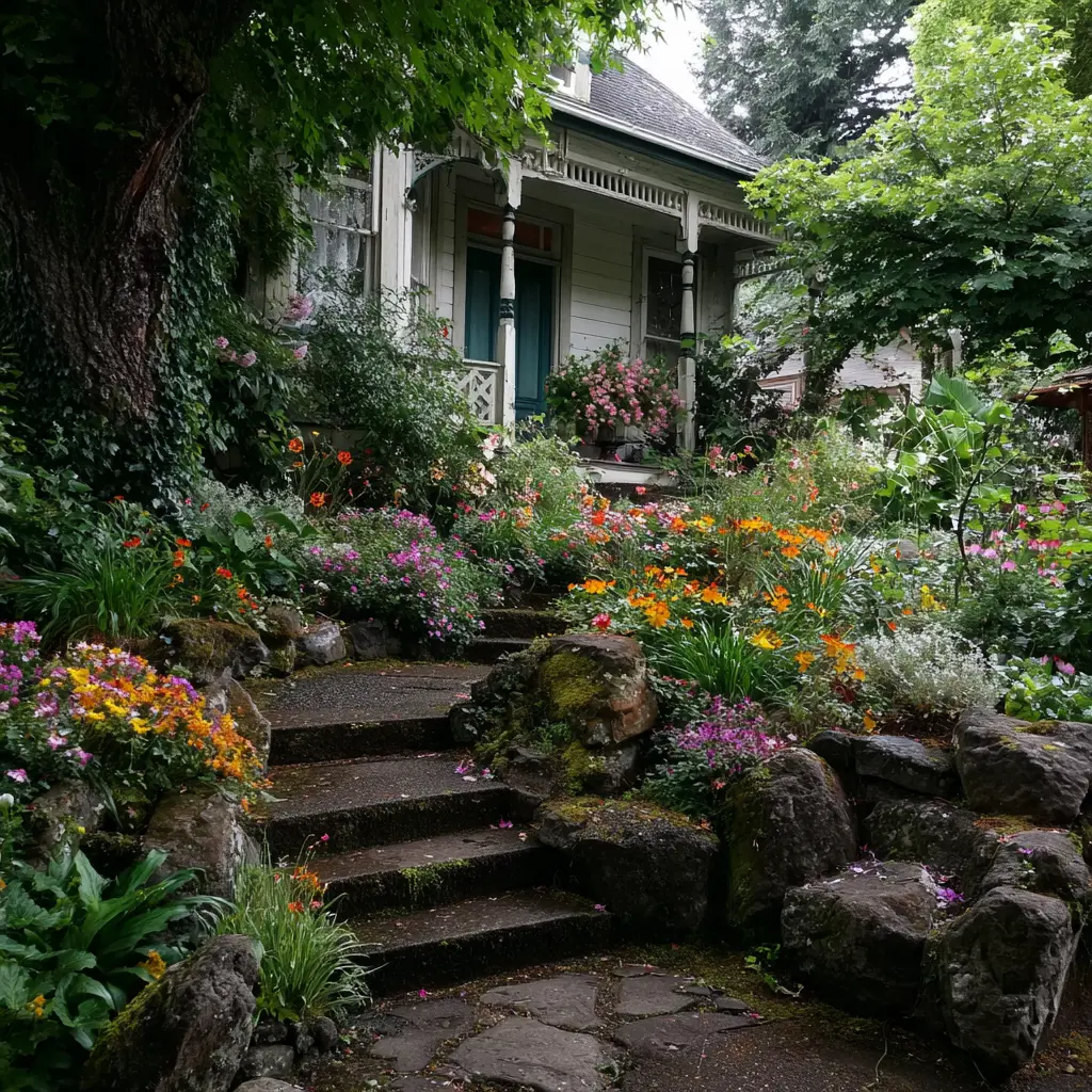 Vintage Rock Garden with Cottage Charm
