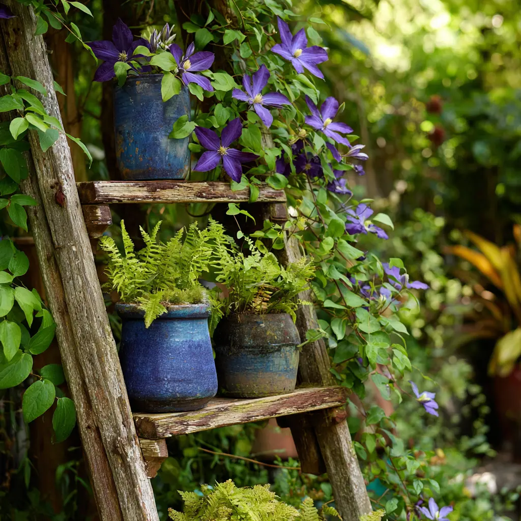 Vintage Ladder Flower Tower with Rustic Pots