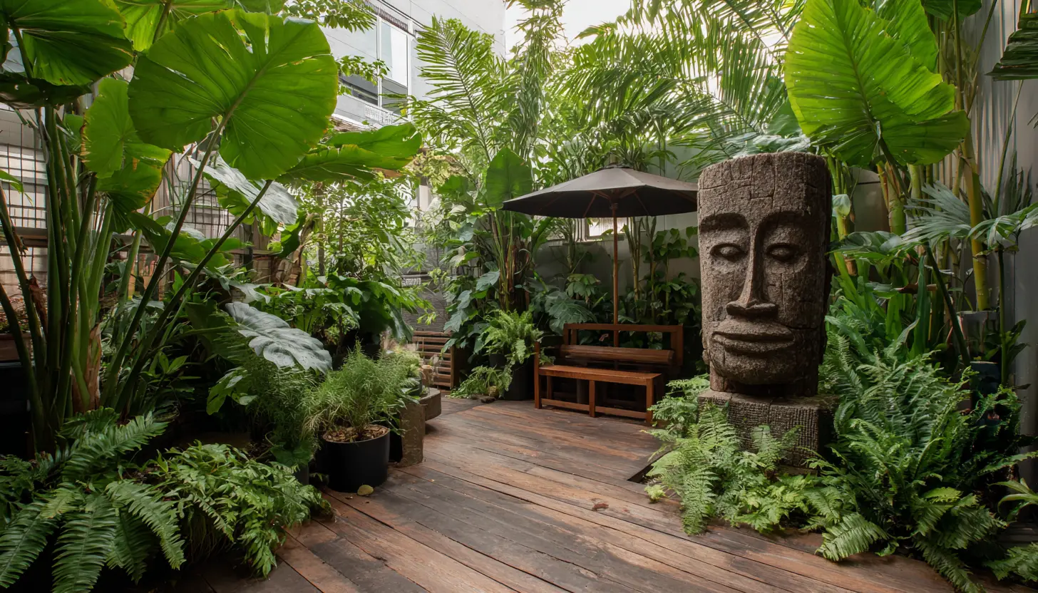 Tropical Corner Garden with Bold Statue
