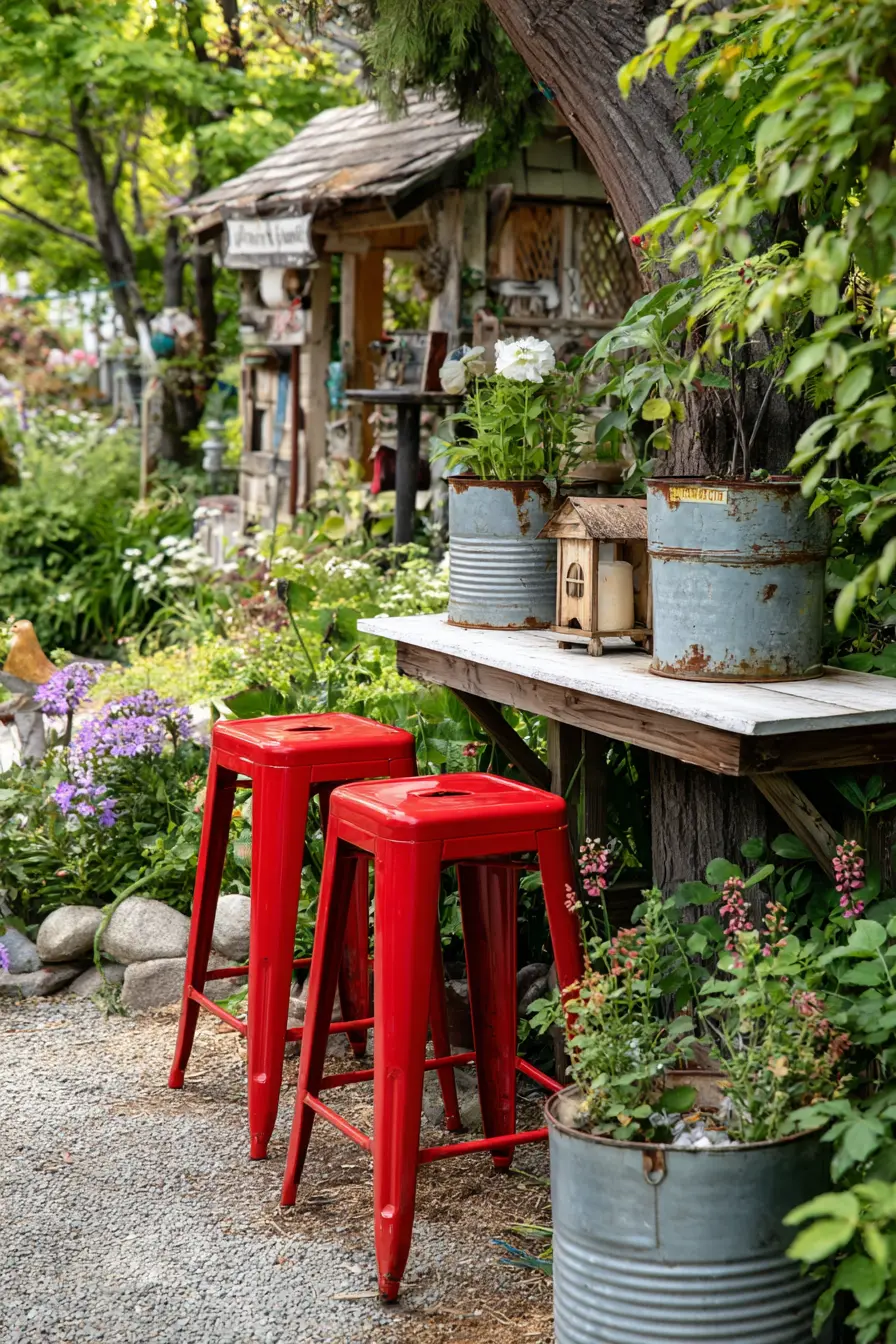 Rustic Garden Seating with Pops of Color