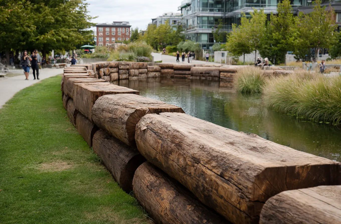 Stacked Wood Log Walls for Garden Ponds