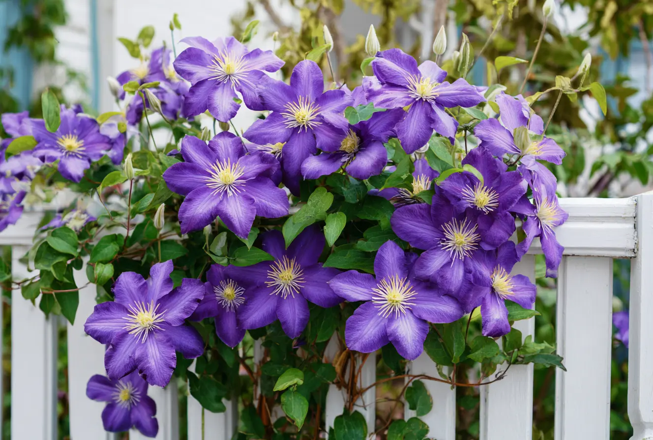 White Fence with Blooming Clematis