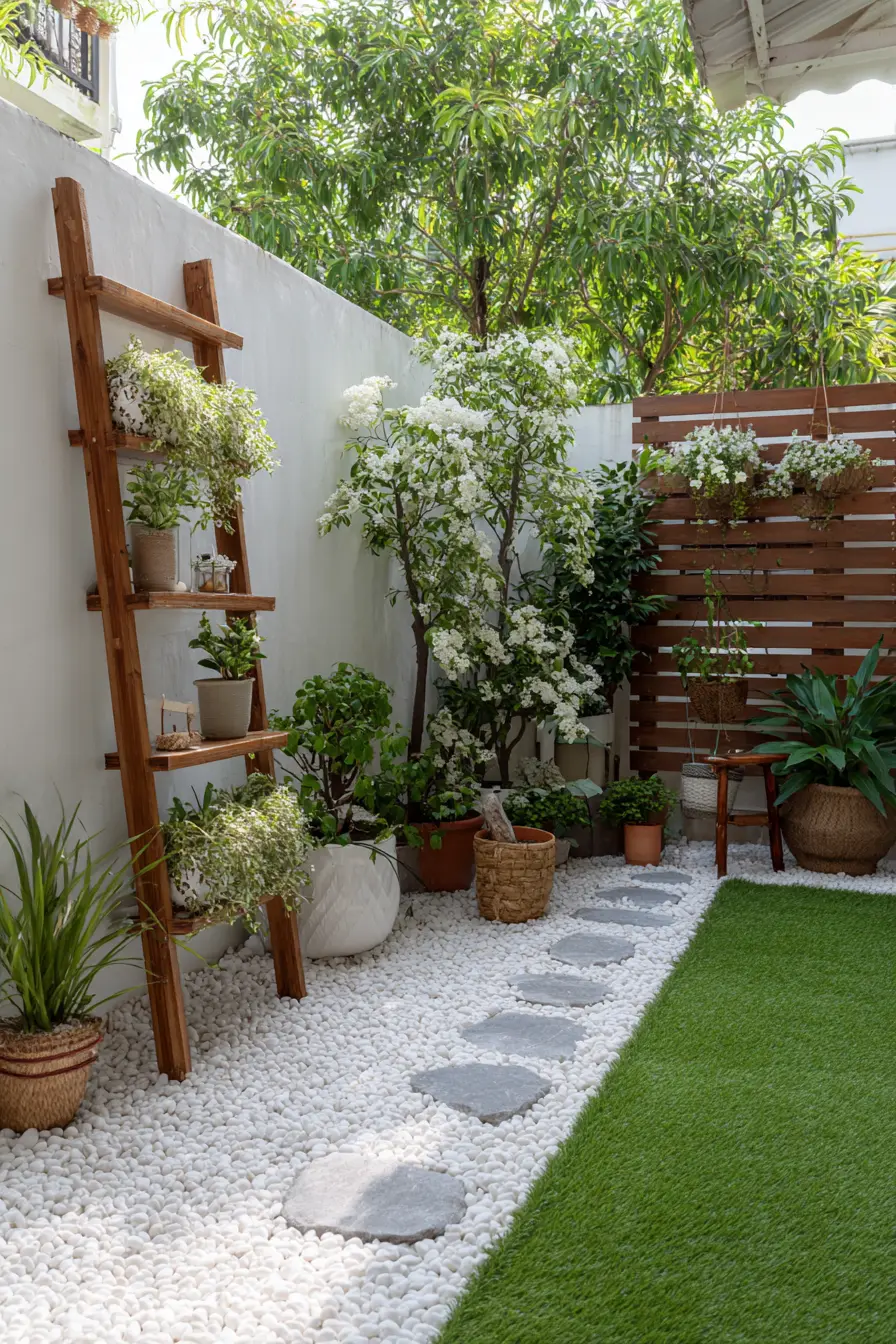 Serene Corner Garden with Ladder Planter