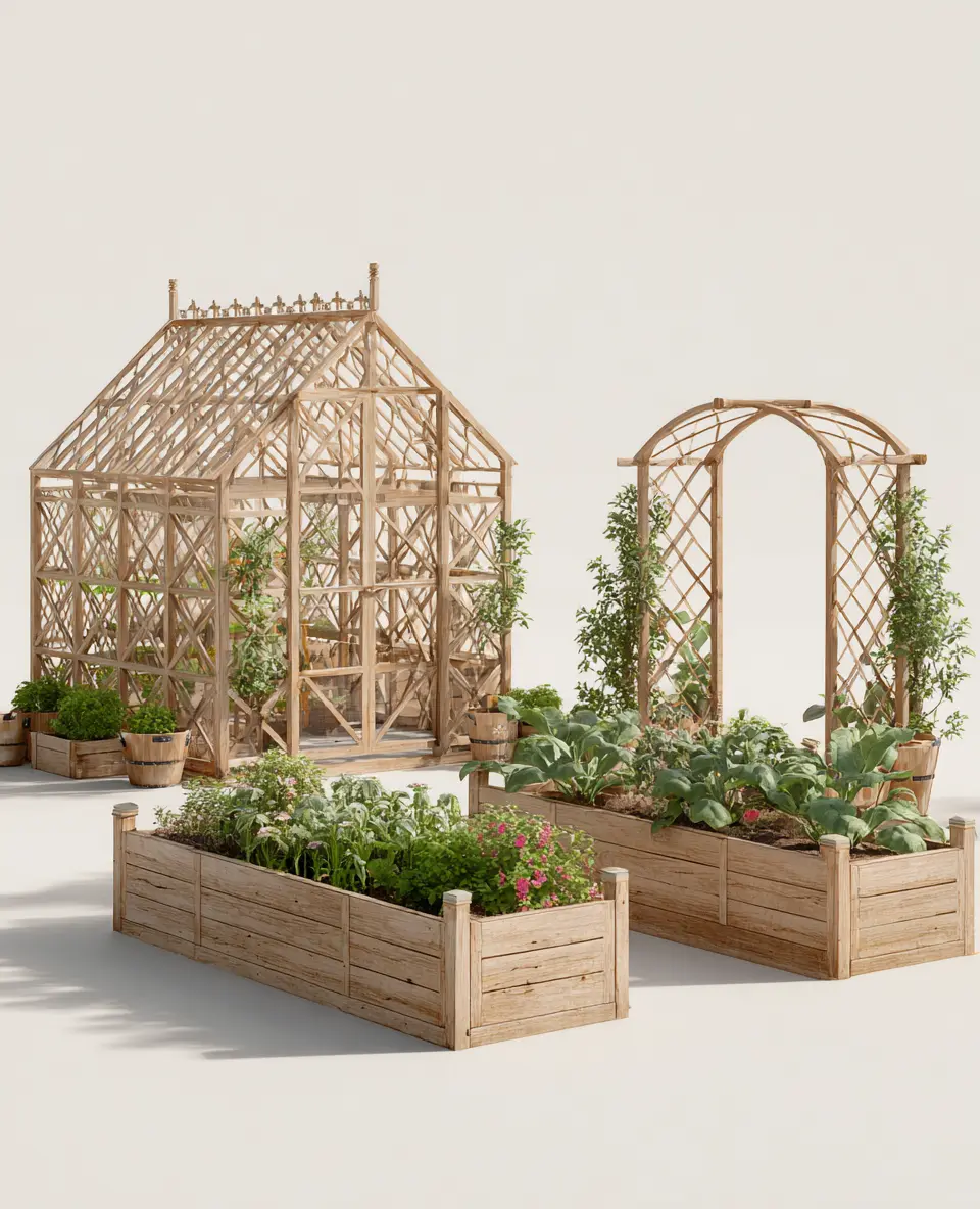Wooden Greenhouse and Arch Trellis Set