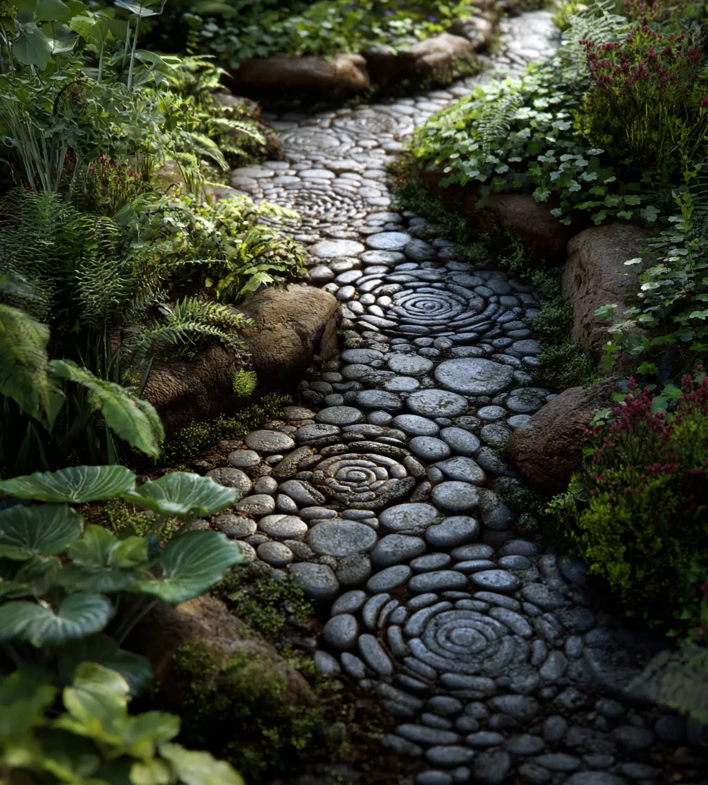 Pebble Pathway with Spiral Design