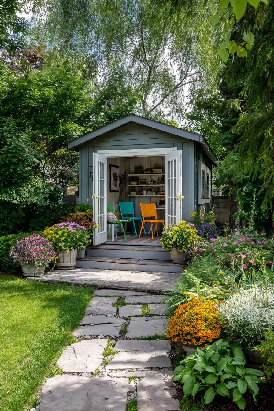 Stone Walkway to a Cozy Garden Shed