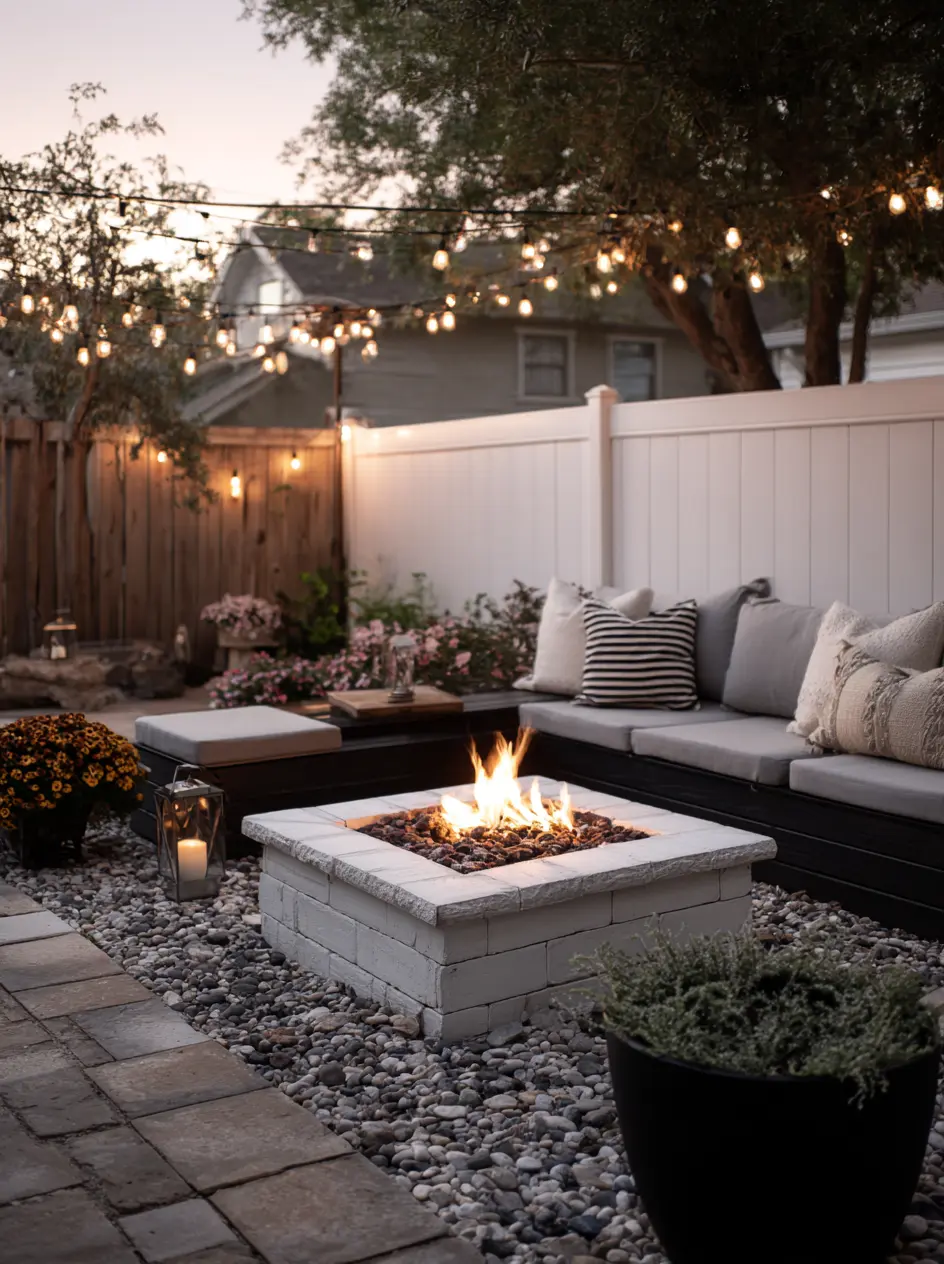 Cozy Patio Fire Pit with String Lights