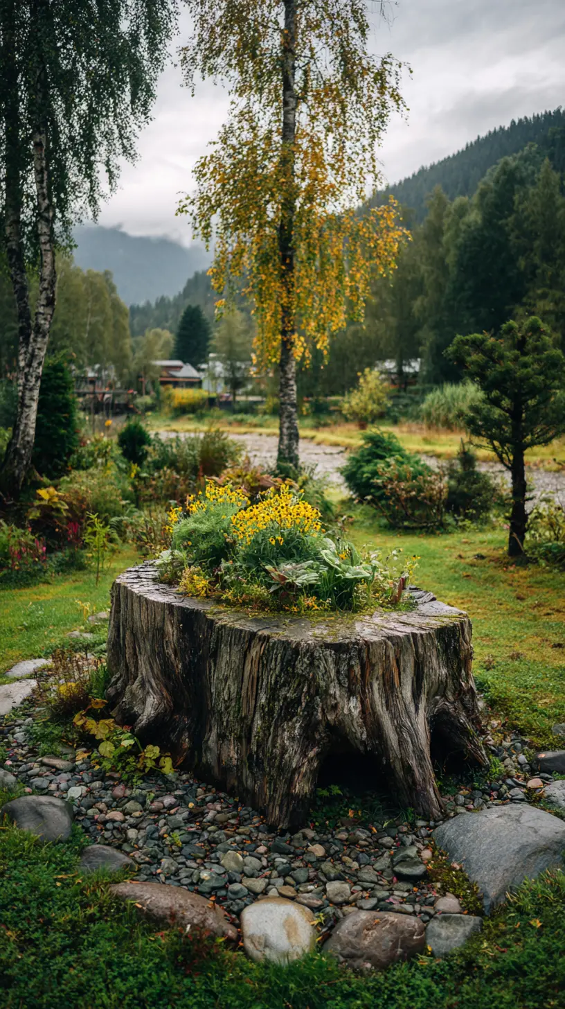 Tree Stump Planter with Wildflowers