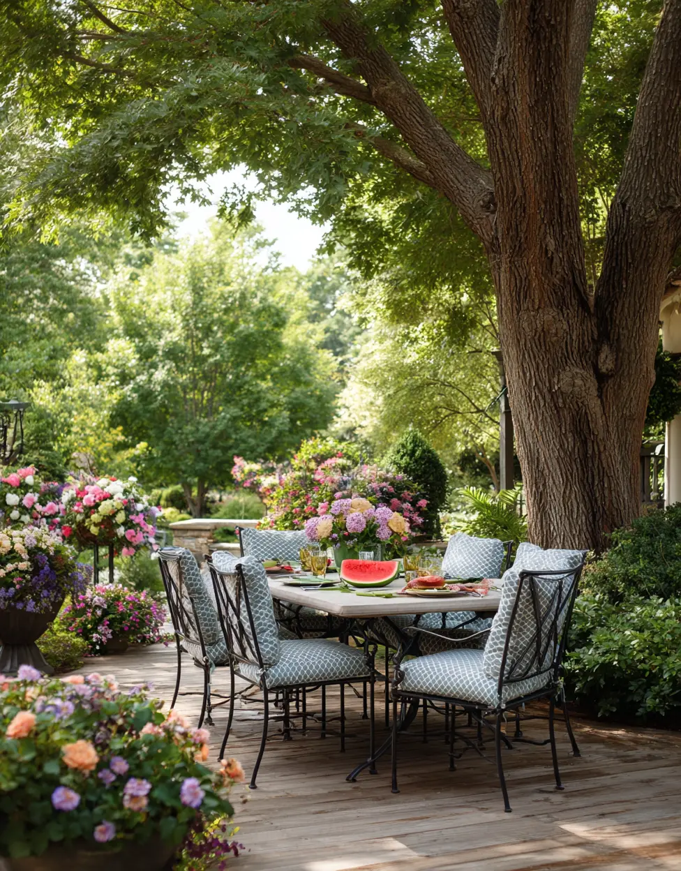 Shaded Dining Spot with Garden Charm