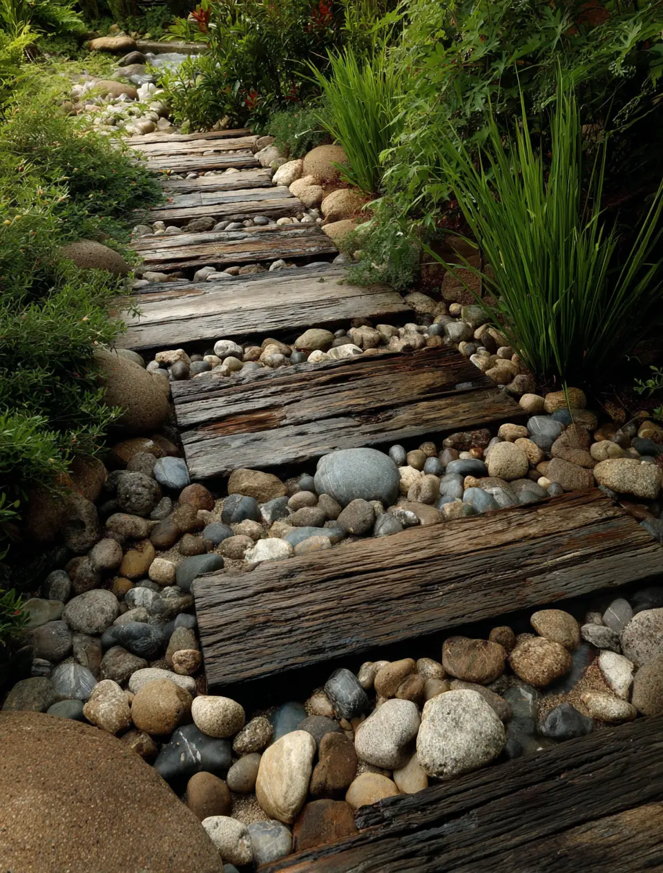 Wooden Plank and River Rock Path