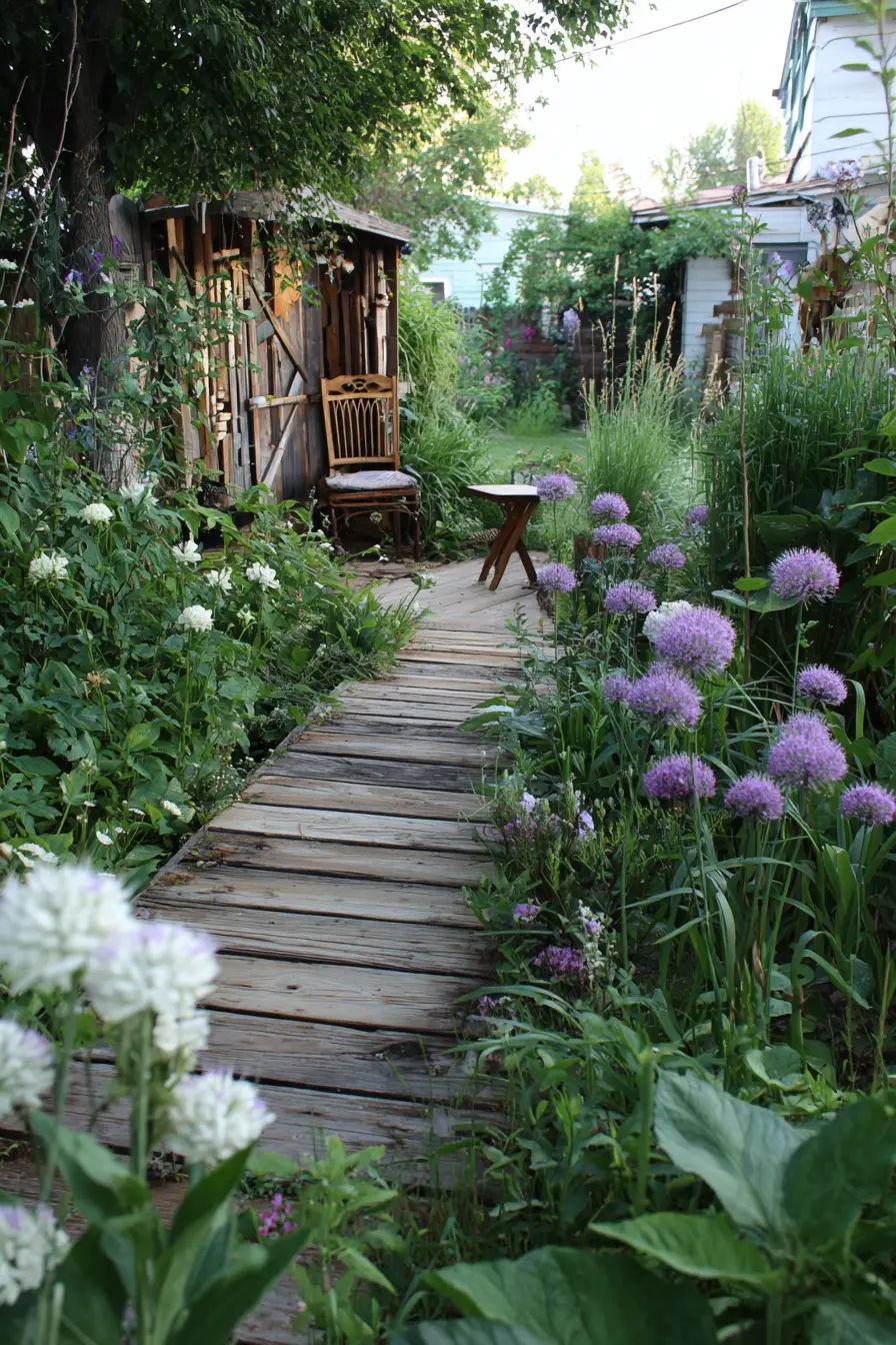 Rustic Corner Garden with Wooden Pathway