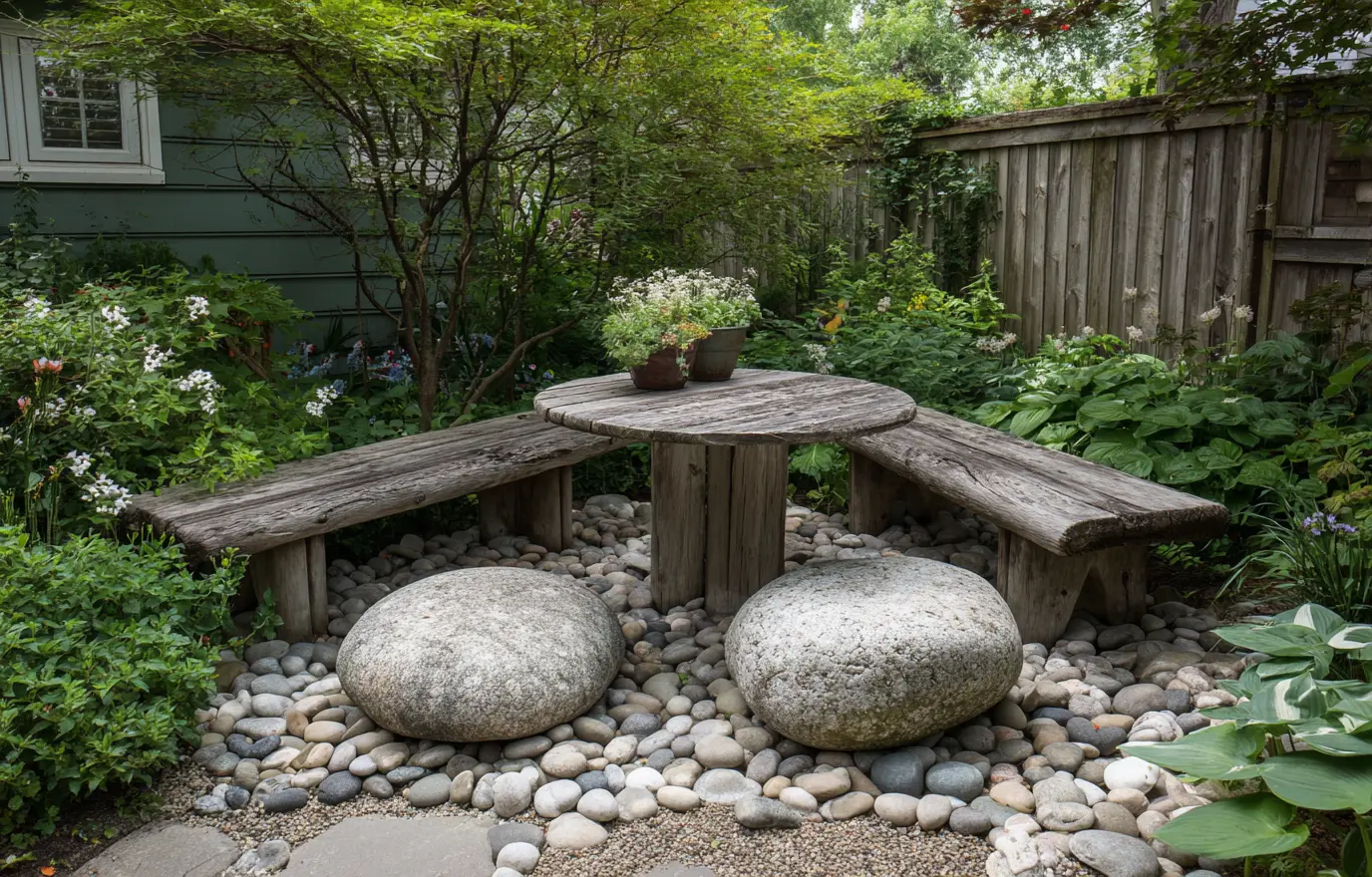 Rustic Stone and Wood Garden Seating