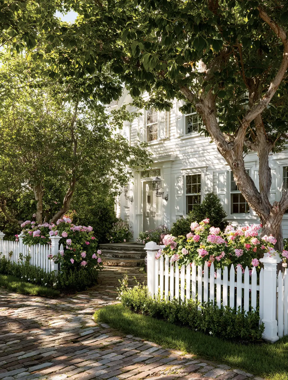 White Picket Fence with Blooming Hydrangeas