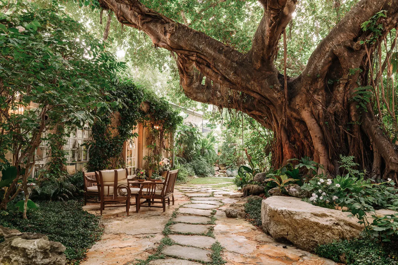 Shaded Stone Walkway Beneath a Majestic Tree