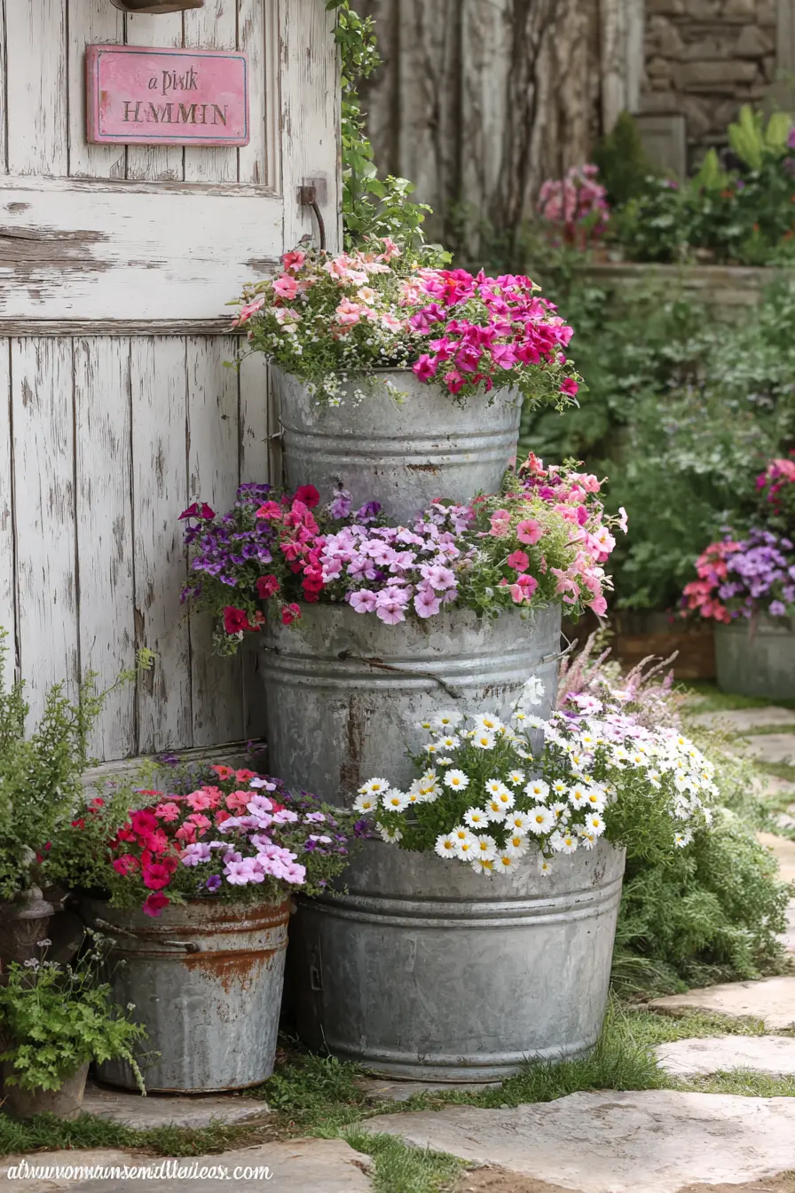 Galvanized Bucket Flower Tower with Cottage Charm
