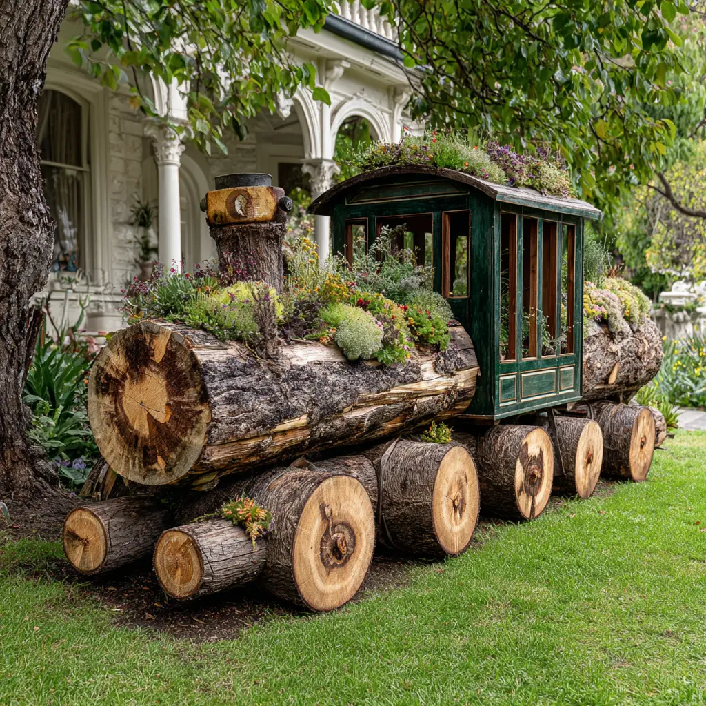 Creative Wood Log Train Planter