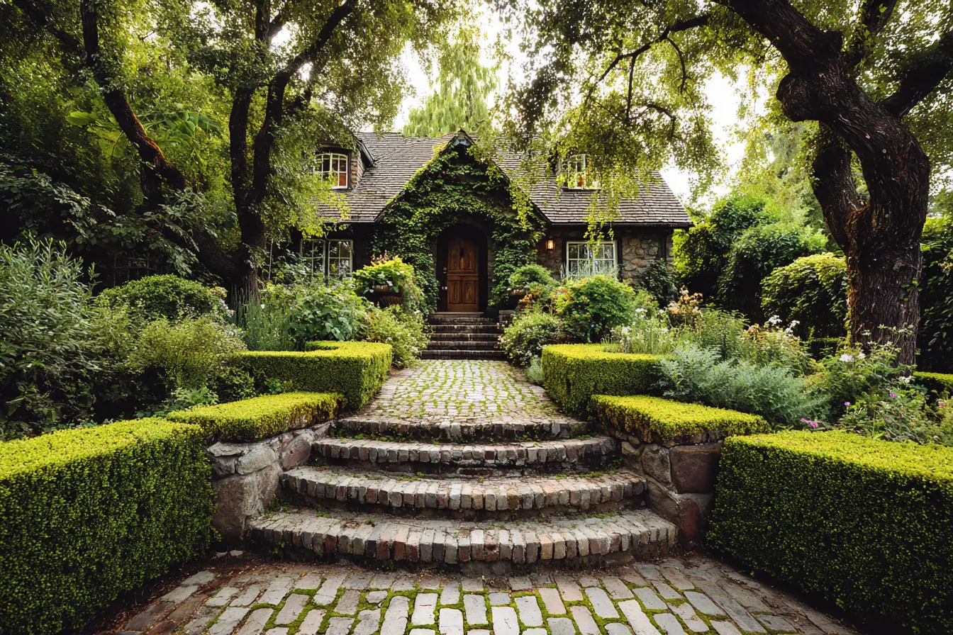 Cobblestone Walkway Leading to a Storybook Cottage