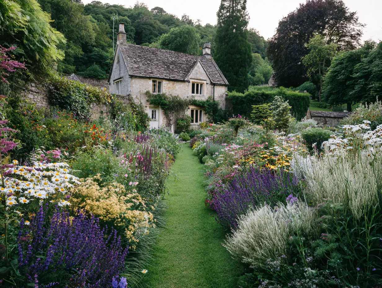 Floral Garden Path Leading to a Cottage