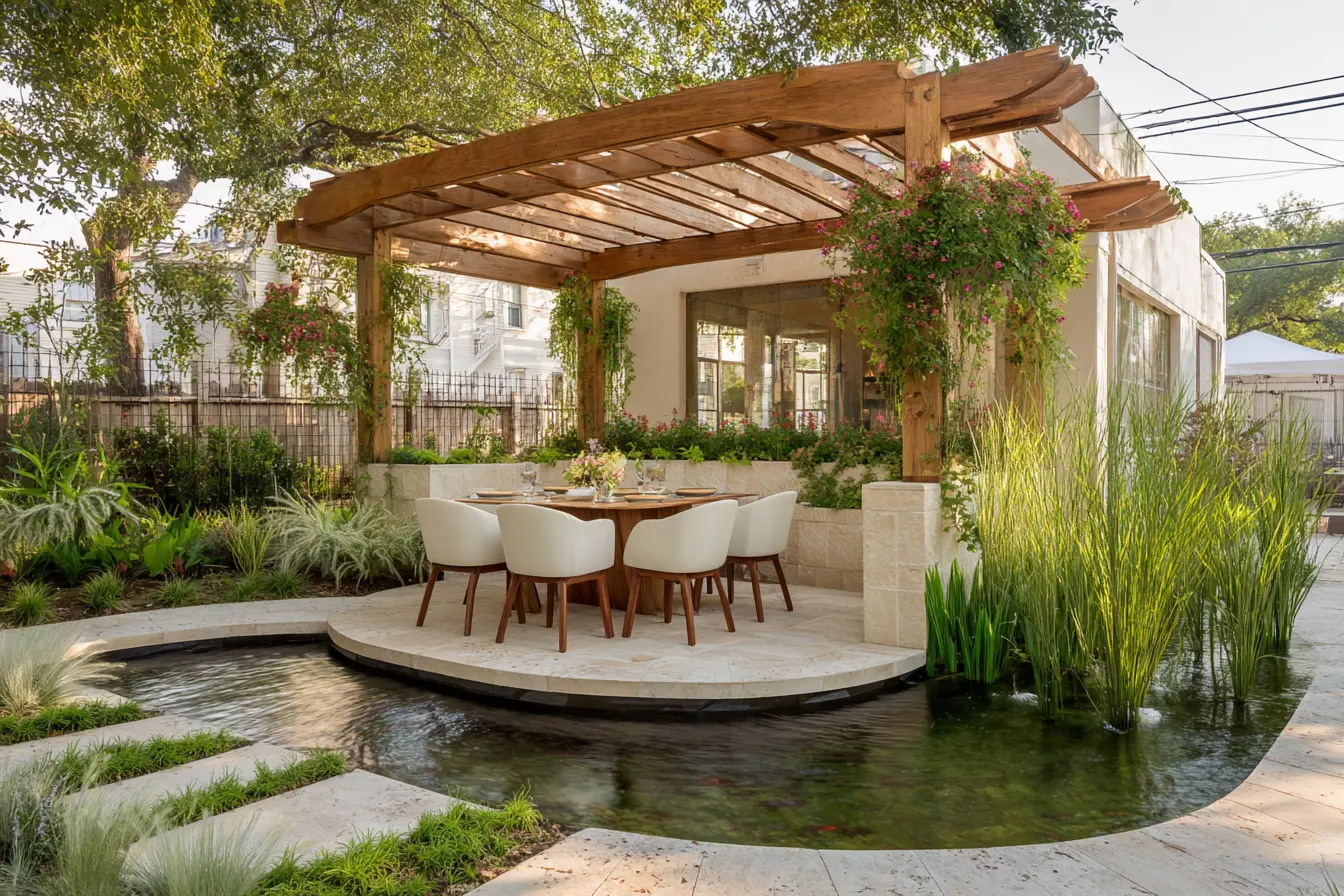 Iron Fence with a Modern Garden Dining Space