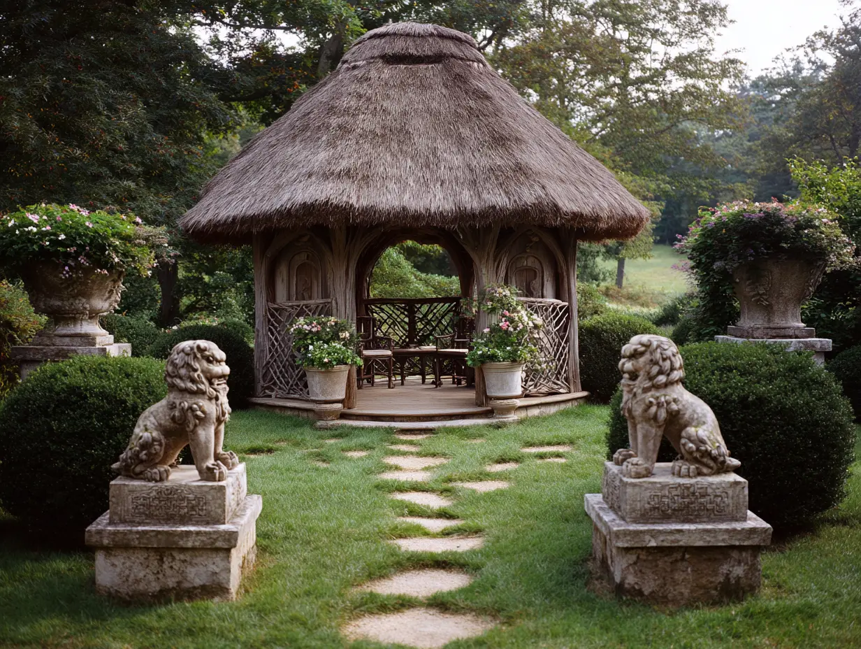 Whimsical Corner Garden with Thatched Pavilion