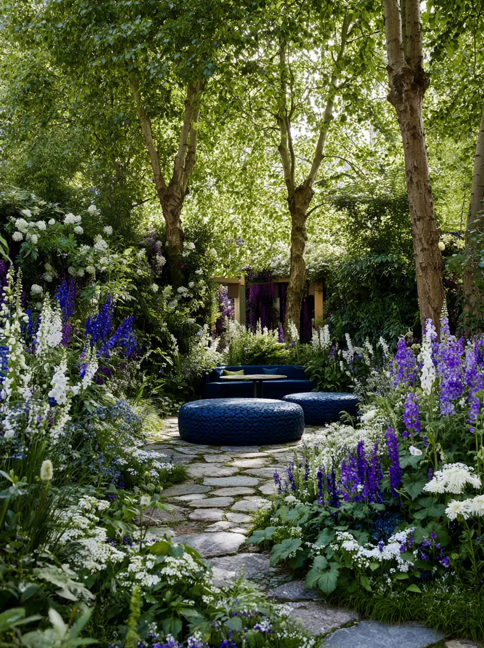 Vibrant Garden Pathway with Modern Seating