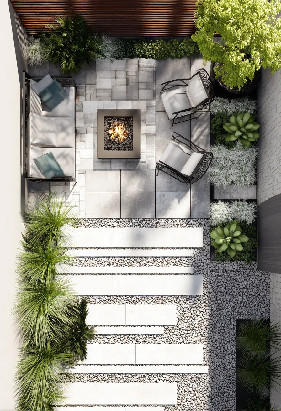 Modern Rock Garden with Fire Pit Retreat
