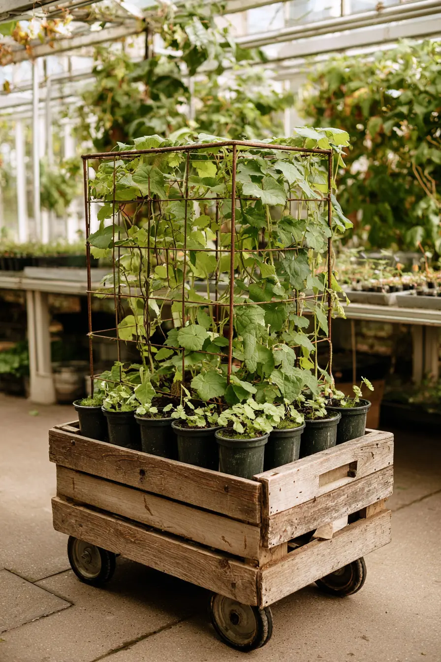 Portable Crate Trellis with Potted Vines