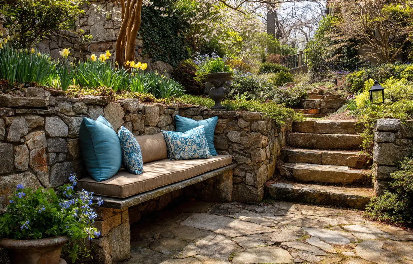 Stone Garden Bench with Cushions
