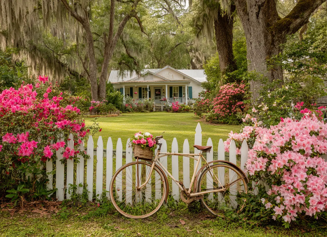 Vintage Charm with White Fence and Blooming Azaleas