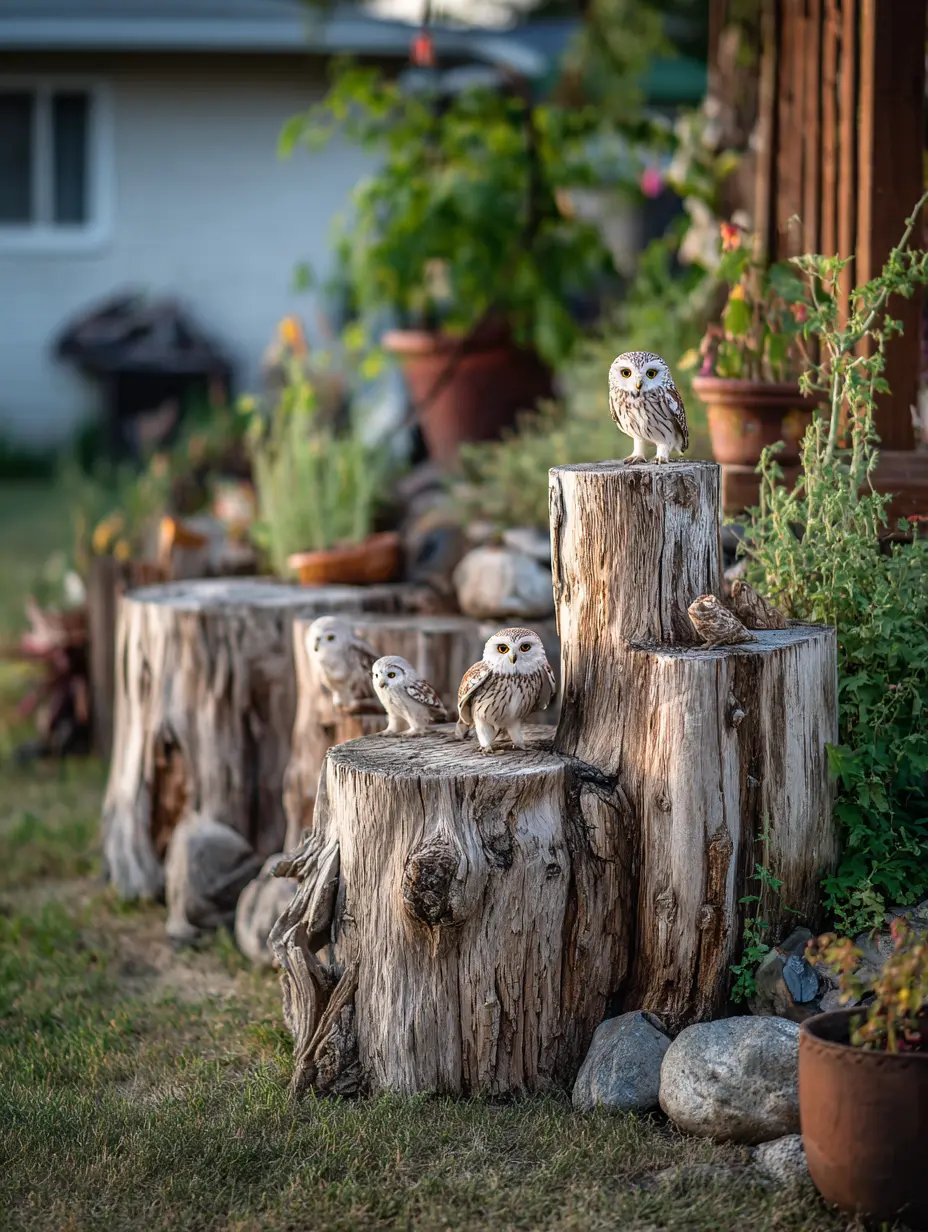 Wood Log Display with Owl Sculptures