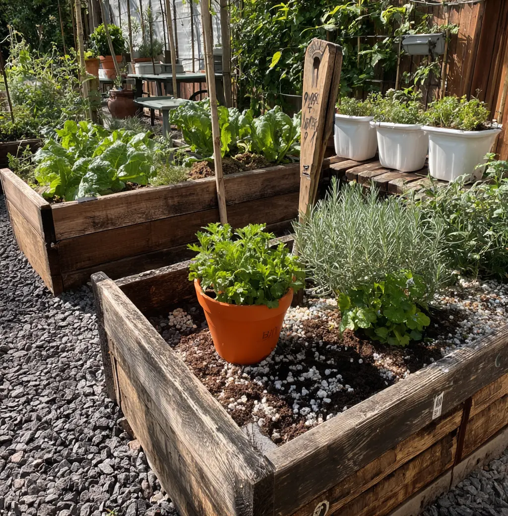 Rustic Corner Garden with Raised Beds