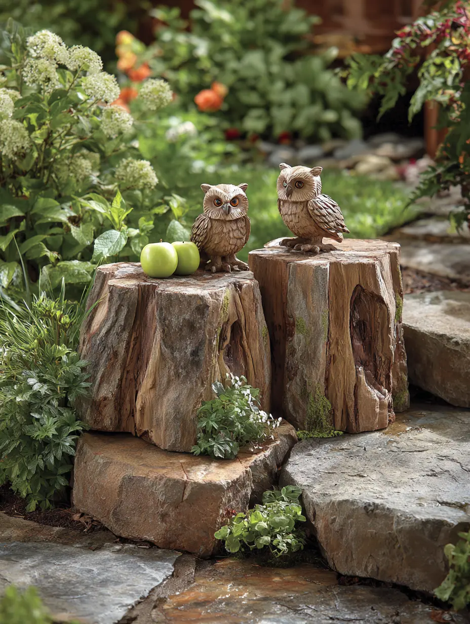 Small Wood Log Stools with Garden Decor