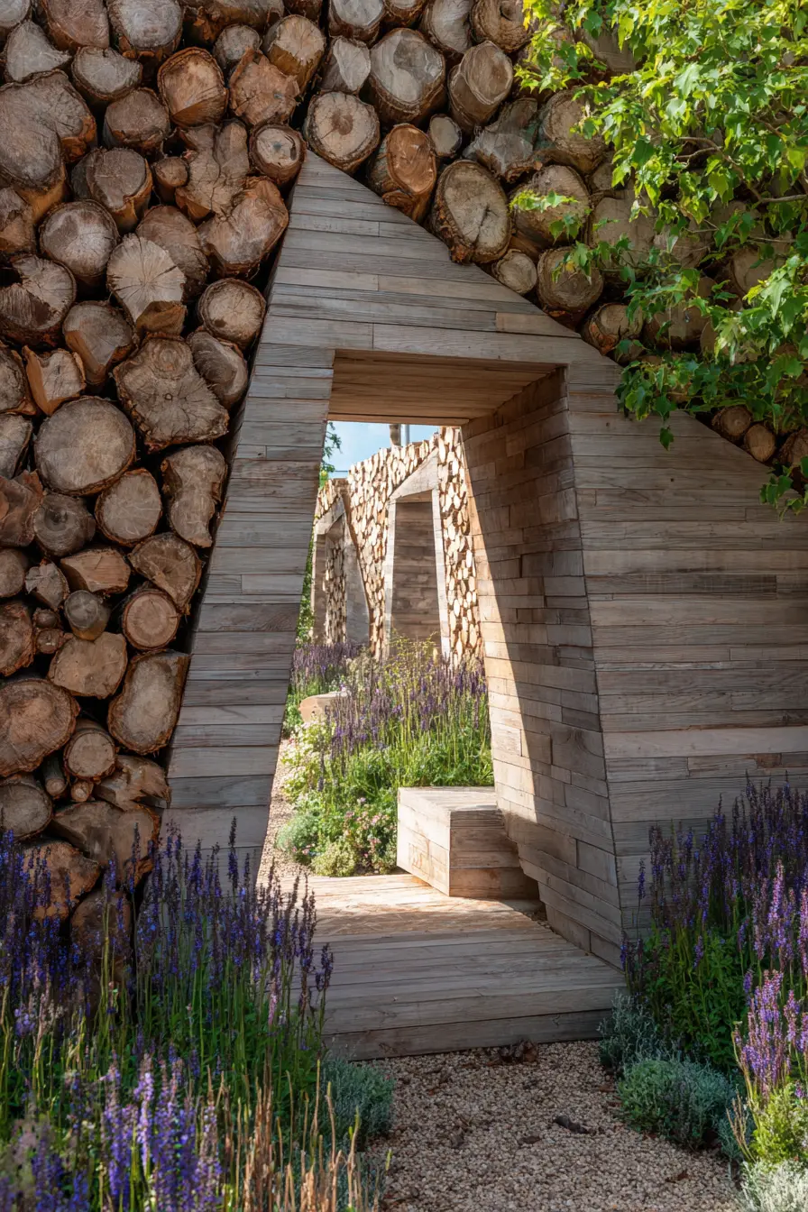 Stacked Wood Log Garden Wall