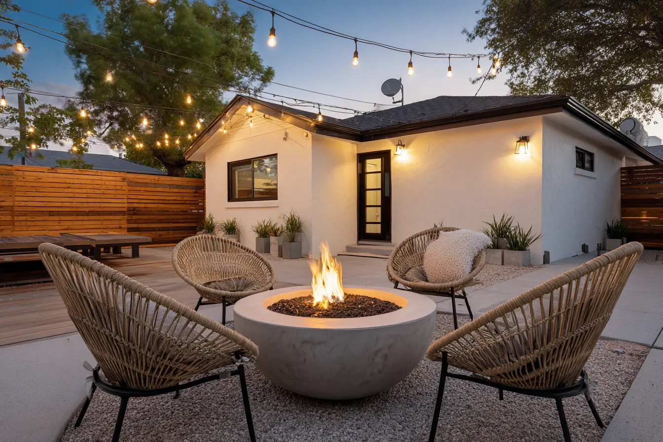 Modern Patio Fire Pit with String Lights