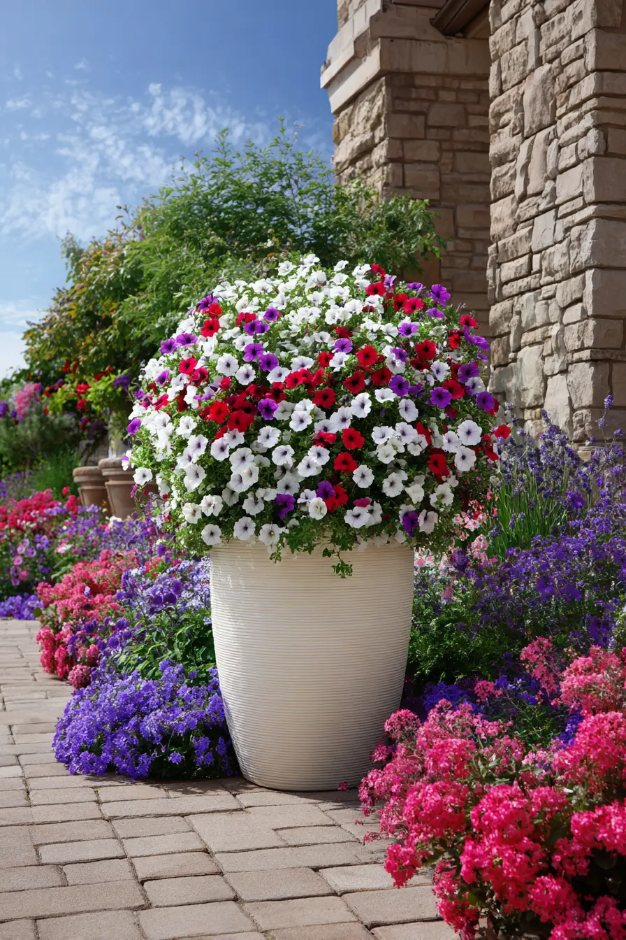 Blooming Petunia Tower in a Classic White Planter
