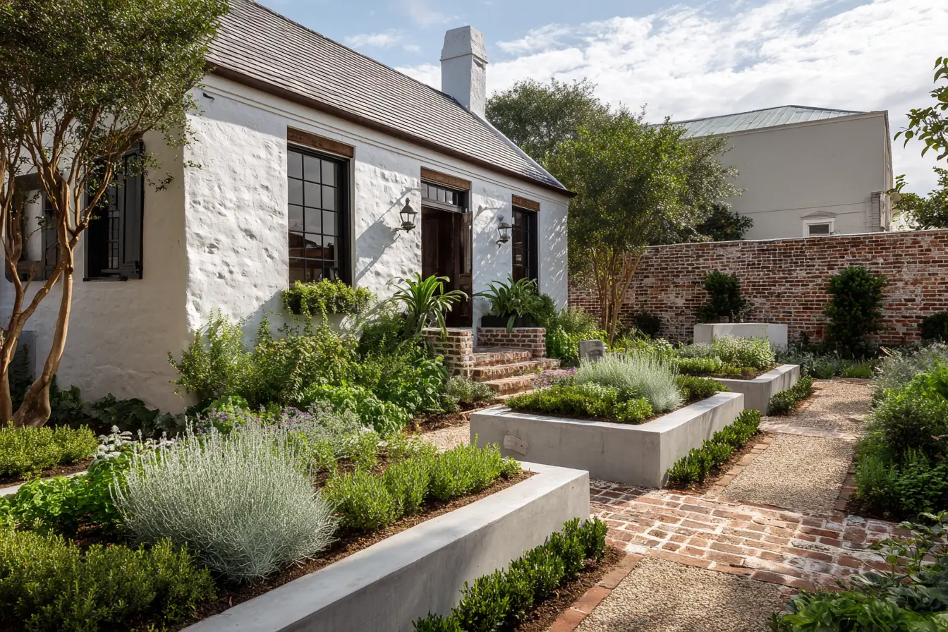 Brick Garden Fence with Modern Raised Beds