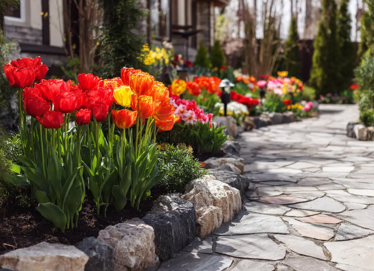Stone Walkway Surrounded by Colorful Blooms