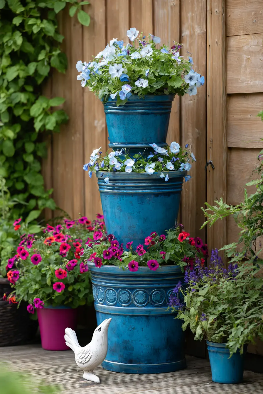 Stacked Blue Planter Flower Tower