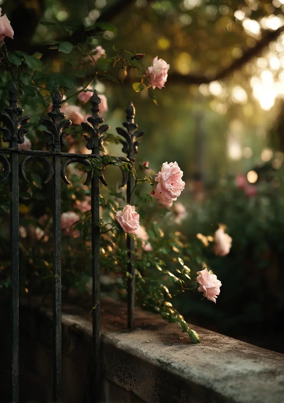 Wrought Iron Fence with Romantic Roses