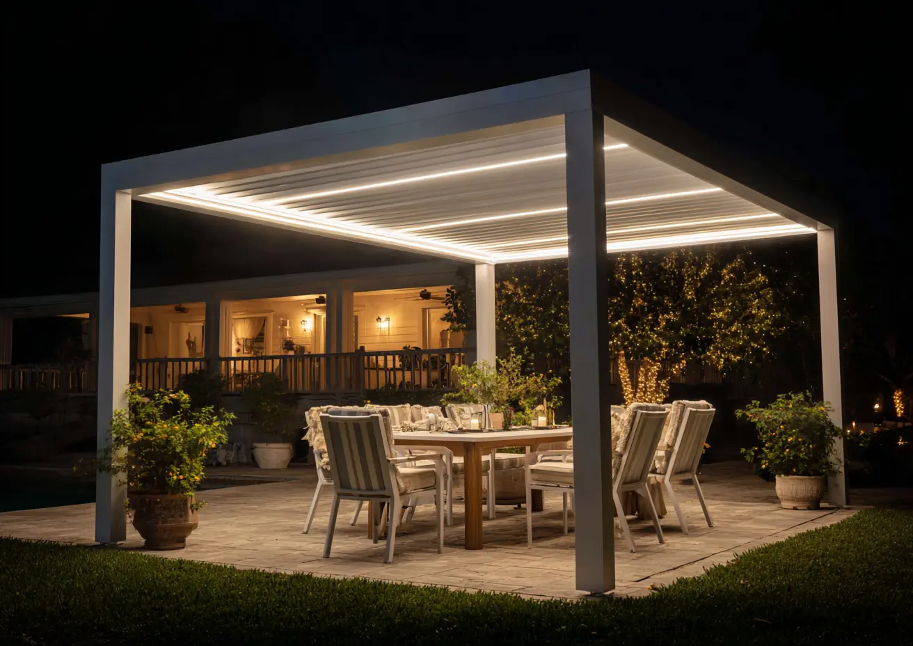 Modern Walkway Leading to a Lit Outdoor Pavilion