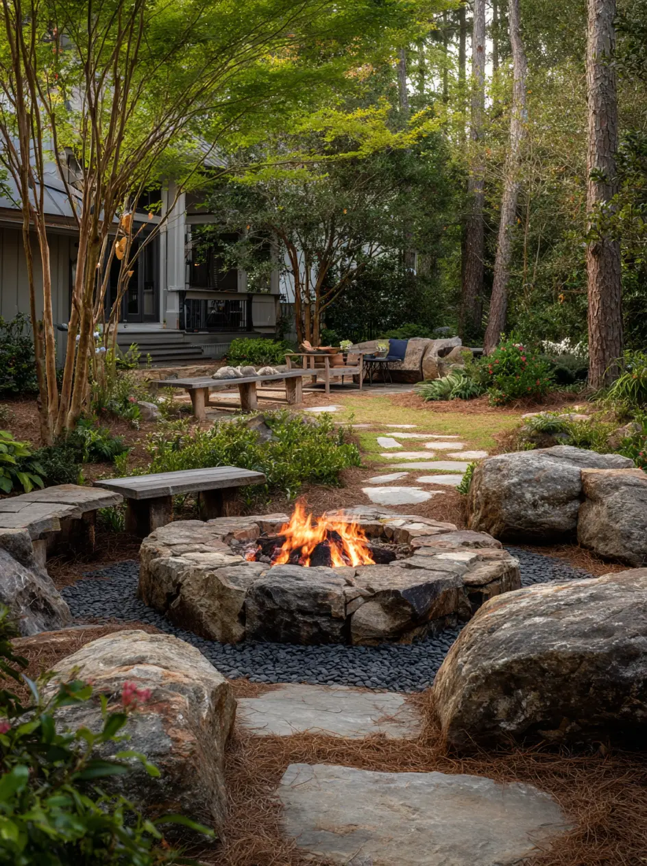 Natural Stone Fire Pit with Woodland Charm