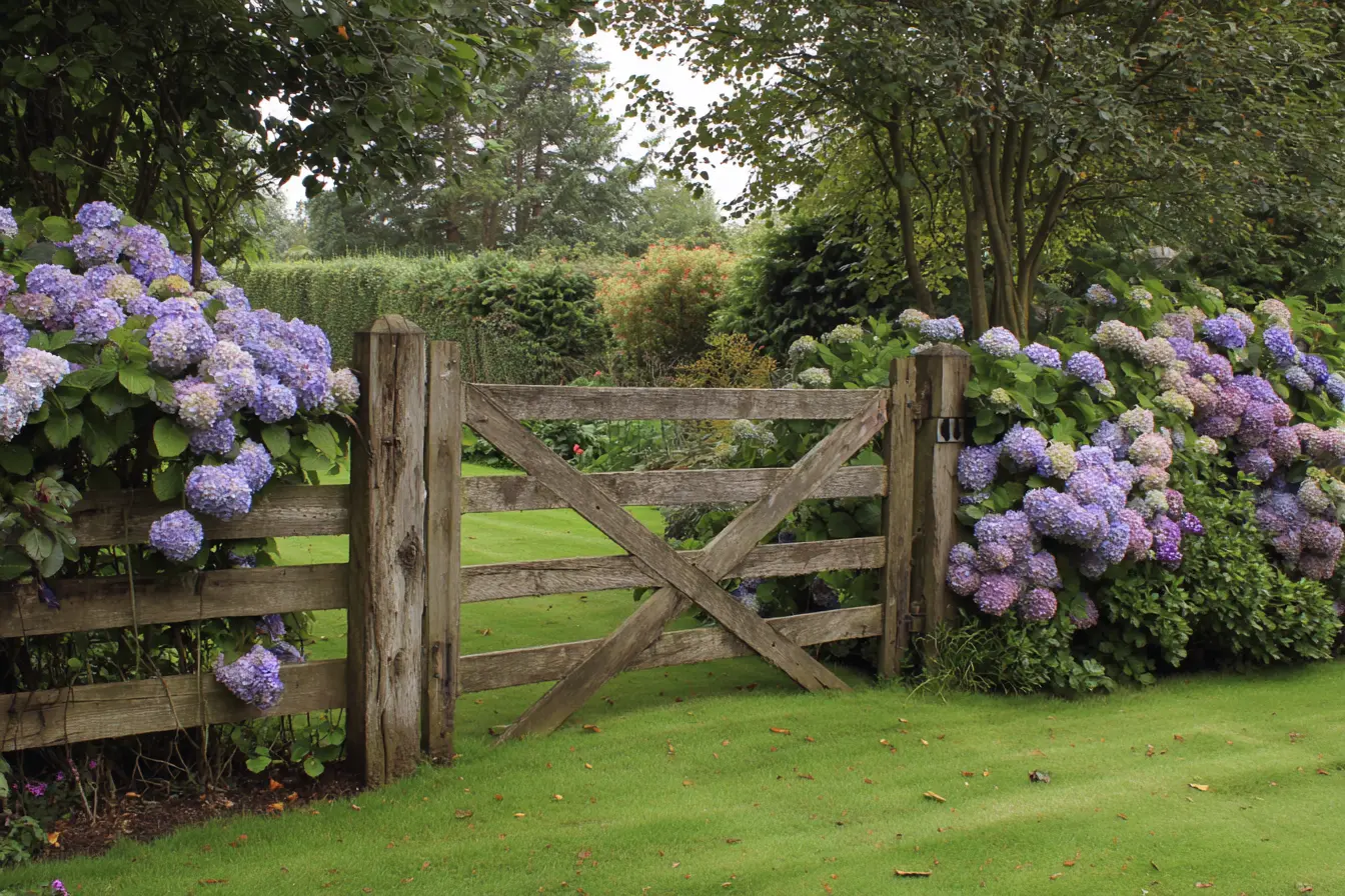 Rustic Wooden Fence with Hydrangea Borders